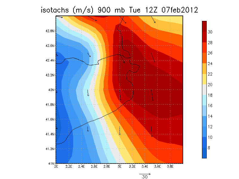 Figura 12. Análisis a las 12Z del 7-2-2012 Figura 12. Análisis a las 12Z del 7-2-2012, Modelo GFS ploteado, isotacas (m/s) y dirección del viento a 900hPa.