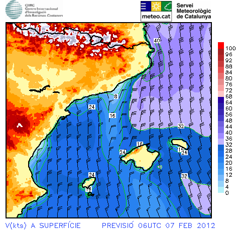 Figura 13. Predicción para las 06Z del 7-2-2012 Figura 13. Predicción para las 06Z del 7-2-2012, modelo WAM, Velocidad (kt 's) y dirección del viento en SFC.
