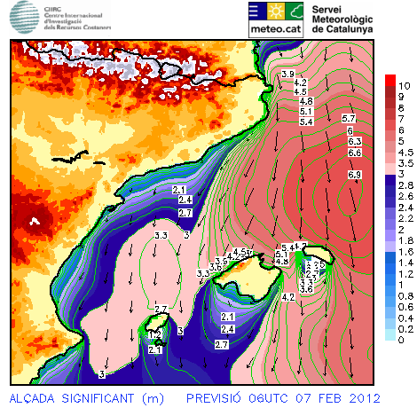 Figura 14. Predicción para las 06Z del 7-2-2012 Figura 14. Predicción para las 06Z del 7-2-2012, modelo WAM, Altura significante de las olas