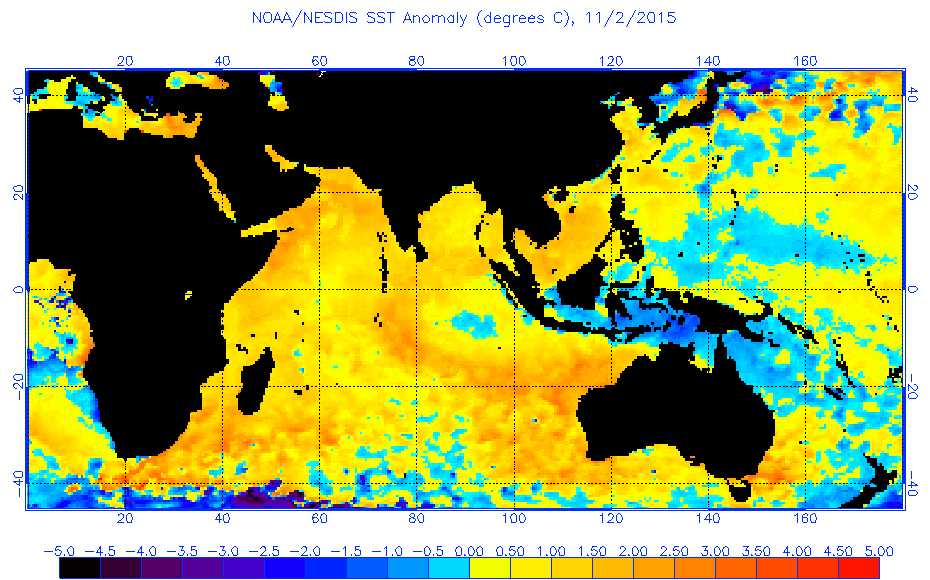 Anomalías de SST en la zona por donde paso Chapala y donde se está formando un posible nuevo ciclón tropical.