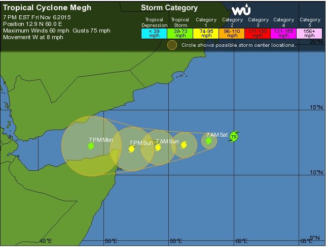 Imagen reciente de satélite del ciclón, y trayectoria y evolución prevista de Megh. Fuente: WU
