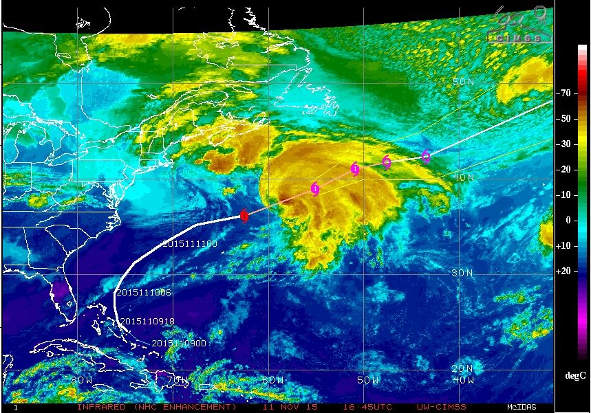 Imagen IR realzada, status y trayectoria del huracán Kate. Figura: CIMSS
