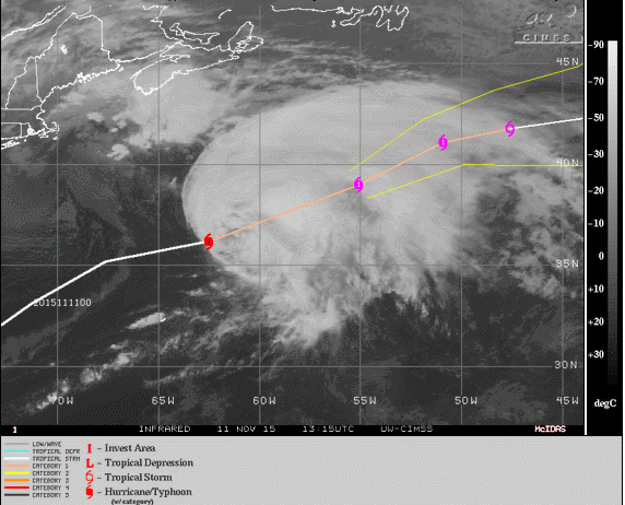 Secuencia IR, status y trayectoria del huracán Kate. Fuente: CIMSS