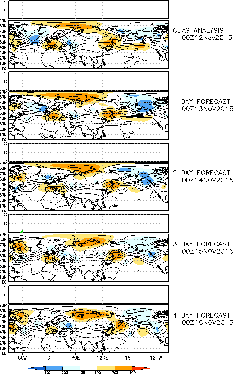 A 0-4 días: 12-16 nov. Geopotencial en 500 hPa y anomalías