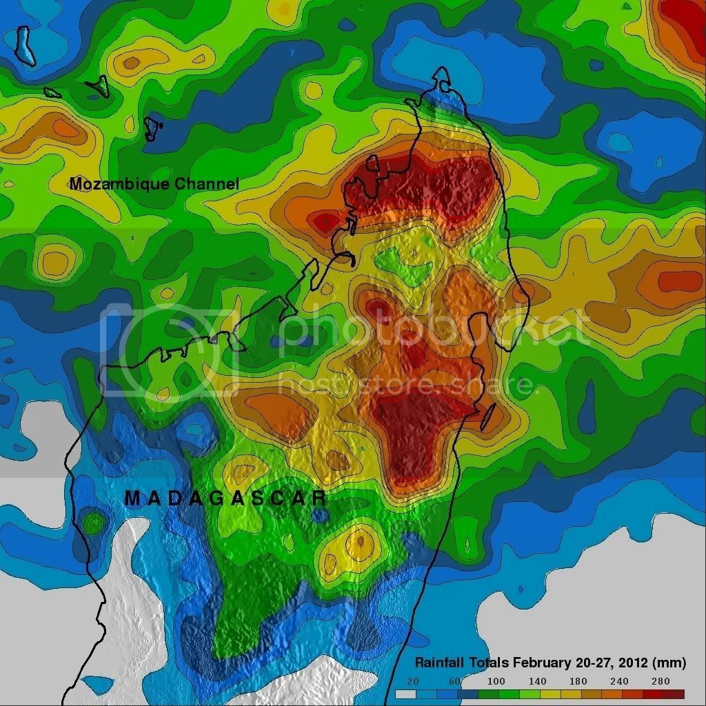 Estimación de las lluvias de Irina, solo entre el 22 y 27 de febrero de 2012. Estimación de las lluvias de Irina, solo entre el 22 y 27 de febrero de 2012.