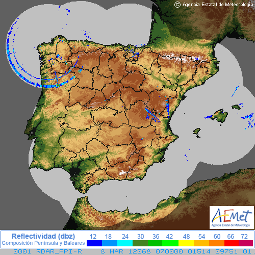 Imagen mosico nacional del 8 marzo 2012 de las 07 UTC Imagen mosico nacional del 8 marzo 2012 de las 07 UTC. Fuente: AEMET