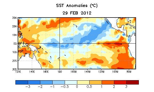 Temperatura promedio semanal de la superficie del Océano Figura 1. Temperatura promedio semanal de la superficie del Océano (SST) en °C centralizada en la semana del 29 de febrero de 2012. Las anomalías son calculadas con respecto a los promedios semanales del período base de 1971-200 (Xue et al. 2003, J. Climate, 16, 1601-1612).
