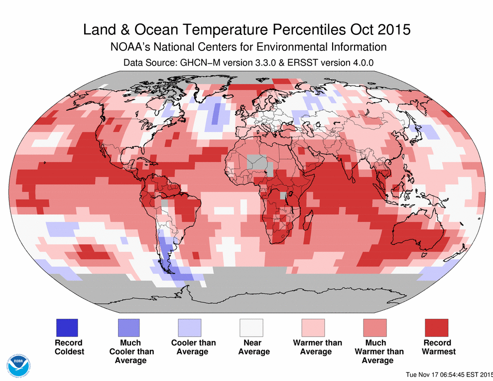 Octubre 2015 a nivel global: el más cálido hasta la fecha