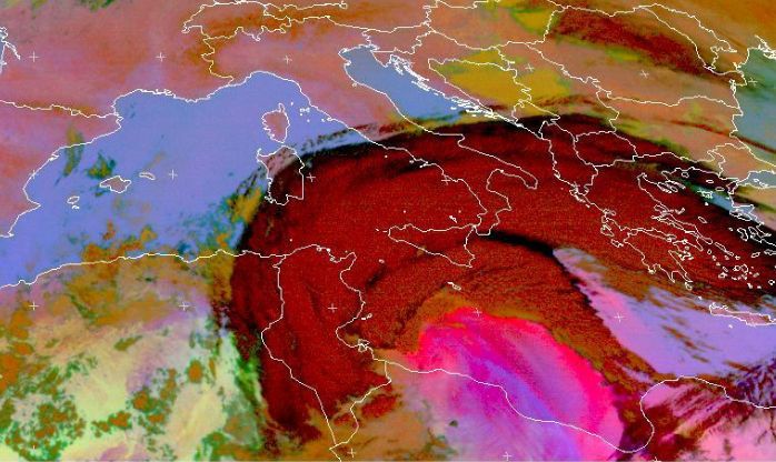 Imagen dust-polvo del satélite MSG del 9 de marzo de 2012 a las 20 UTC