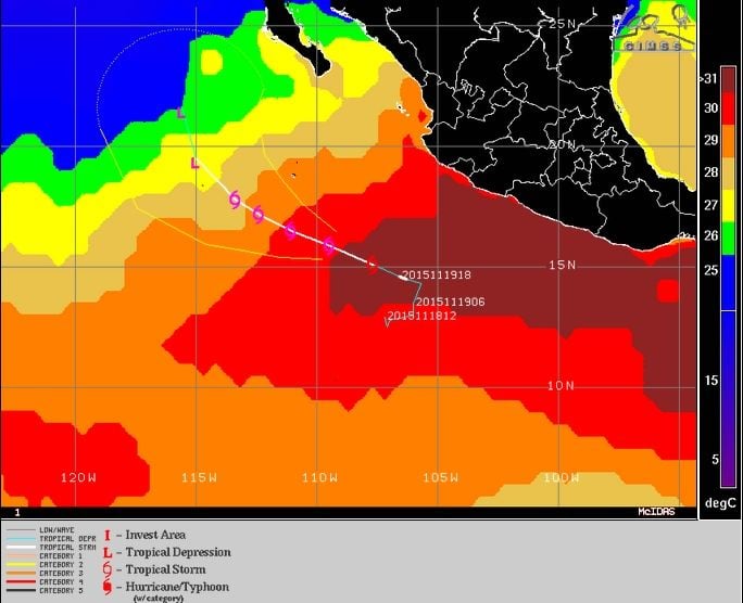 Las altas y anómalas temperaturas del agua del mar en la zona de formación de Rick (y de otros ciclones anteriores) hacen posible su desarrollo e intensificación.