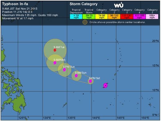 Imágenes de In-fa al este de las costas filipinas como tifón de categoría 4.