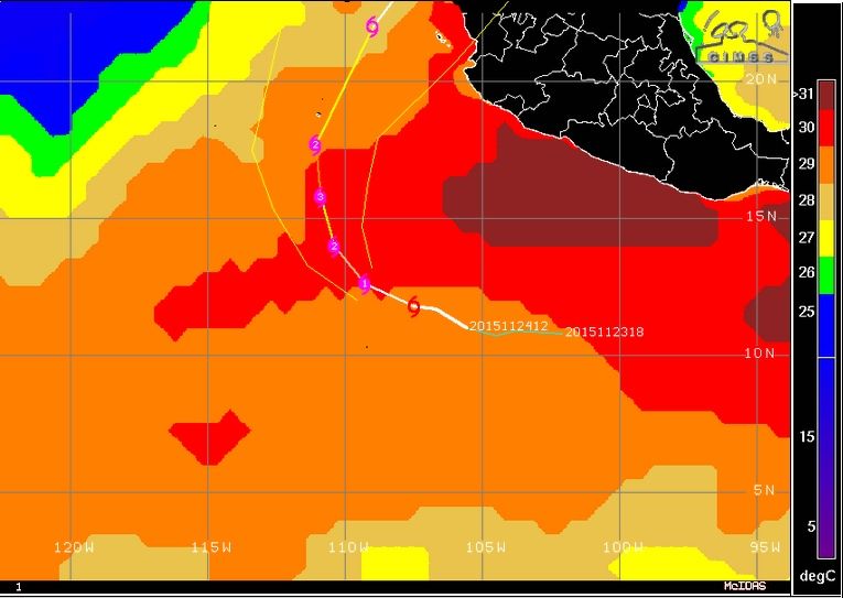 Sandra se ha formado y se ha intensificado nuevamente en una región de temperaturas anormalmente altas en este años de 2015, donde ya lo hicieron otros ciclones tropicales. Fuente: CIMSS