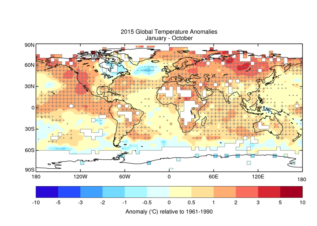 Figura 3: Anomalías de la temperatura media para el período de enero a octubre de 2014 según el conjunto de datos HadCRUT.4.4.0.0. Las cruces (+) indican temperaturas superiores al percentil 90º, excepcionalmente elevadas, y las rayas (-) indican temperaturas inferiores al percentil 10º, lo que indica condiciones excepcionalmente frías. Las cruces y rayas grandes indican temperaturas fuera del rango de los percentiles 2º a 98º. Fuente: Centro Hadley del Servicio Meteorológico de Reino Unido.