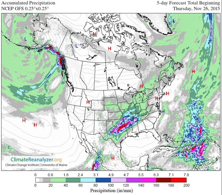 Predicción de la precipitación acumulada a 5 días. Nótese la traza y señal de Sandra al sur de los EEUU. Climate Reanalyzer.