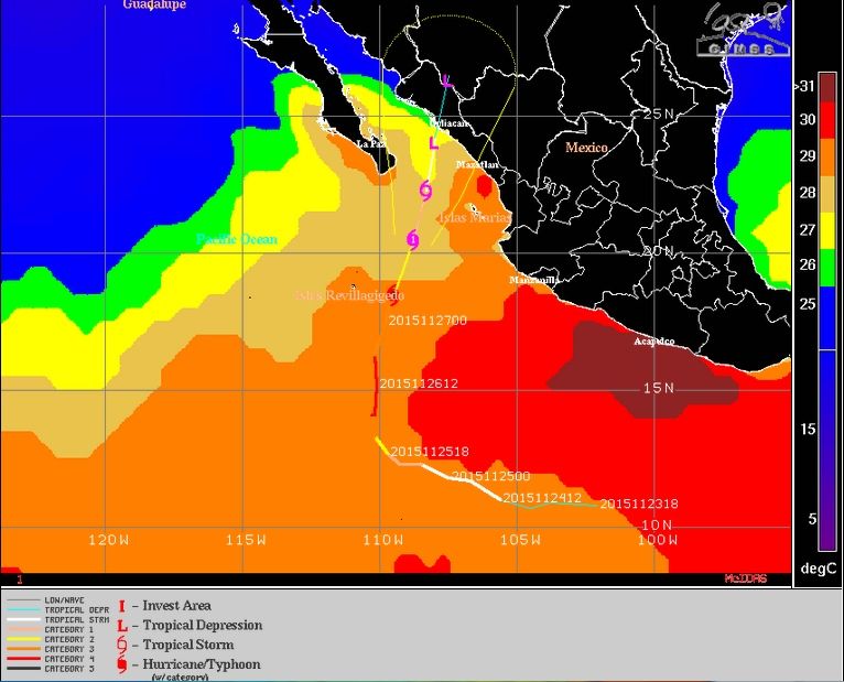 Temperatura del agua del mar por donde pasó Sandra. CIMSS