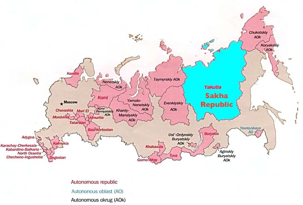 Mapa de situación de la inmensa región de Yakutia en el territorio ruso