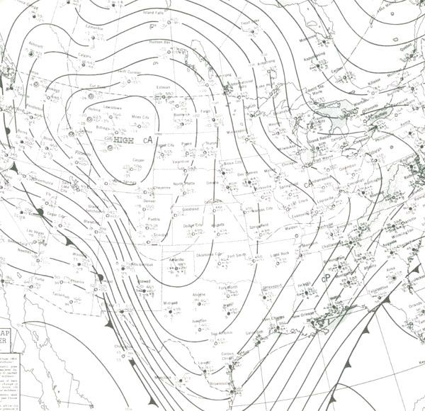 Figura 10. Mapa de tiempo para el 10 de enero de 1962 Figura 10. Mapa de tiempo para el 10 de enero de 1962 en la mañana, hora EST. Observe la lectura de la presión barométrica en Helena, Montana a esa hora se alcanzan los 1062.3 mb. Yellowstone Oeste, Montana informó de una temperatura de -55°F y Eagle Nest, New México cayó a -47°F. Minneapolis aguantó 108 horas consecutivas debajo de cero durante la ola fría y la bahía de Galveston en la ciudad de Tejas se congeló 100 yardas hacia fuera de la orilla. ¡Observe la temperatura de 13° F con la nieve que cae en Jackson, Mississippi! ¡ y 22° F con nieve en el lago Charles, Luisiana en la costa del Golfo!