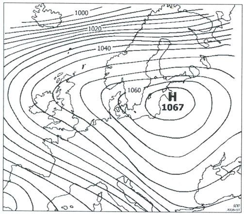 Figura 12. Situación sinóptica de superficie Figura 12. Situación sinóptica de superficie para el 23 de enero de 2007, según Lempfert (1907)