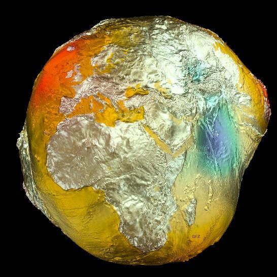 Figura 1.- Geoide gravitacional con las anomalías gravitatorias registradas en 2011 gracias a los datos de los satélites GRACE.