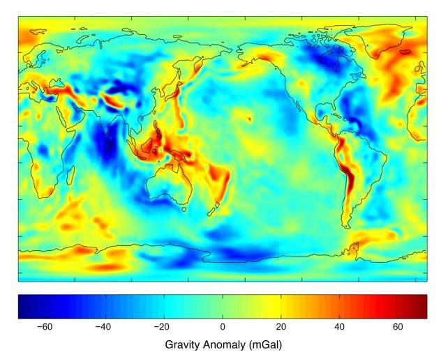Figura 3.- Mapa de anomalías gravitatorias. En colores rojos en la parte superior de la derecha se observa la gran anomalía positiva en la zona de Groenlandia, debida a la pérdida de hielo.