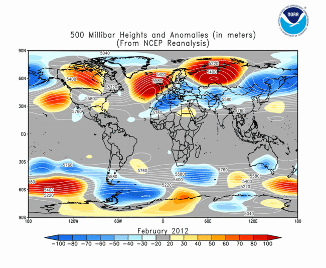 Geopotencial medio y anomalía de 500 hPa para febrero de 2012