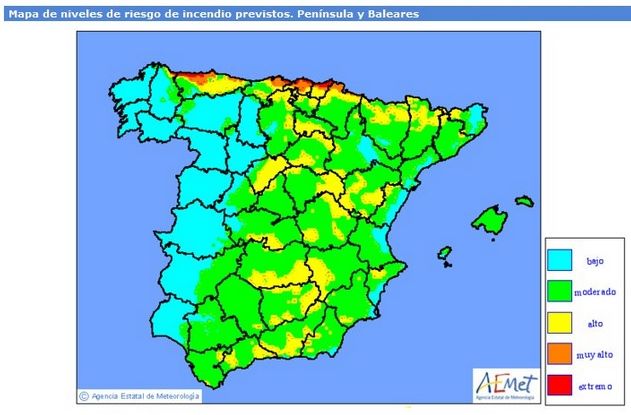Mapa de riesgo meteorológico de incendios del 20 de diciembre de 2015 para la Península generados el día 19 de diciembre. Los valores extremos y muy altos eran llamativos en la zona norte. Fuente: AEMET