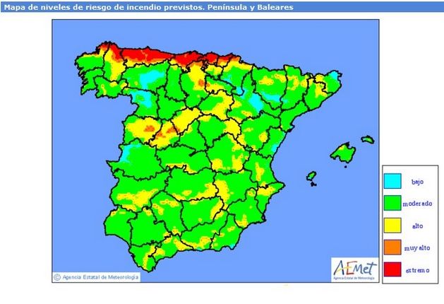 Mapa de riesgo meteorológico de incendios del 19 de diciembre de 2015 para la Península generados el día 19 de diciembre. Los valores extremos y muy altos eran llamativos en la zona norte. Fuente: AEMET