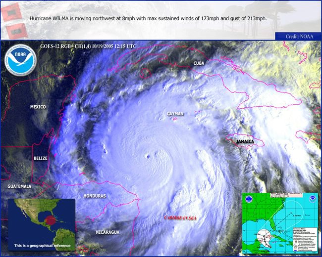Foto 3: Imagen en falso color del huracán Wilma a las 12:15 del 19 de octubre de 2005. Imagen NOAA. Foto 3: Imagen en falso color del huracán Wilma a las 12:15 del 19 de octubre de 2005. Imagen NOAA.