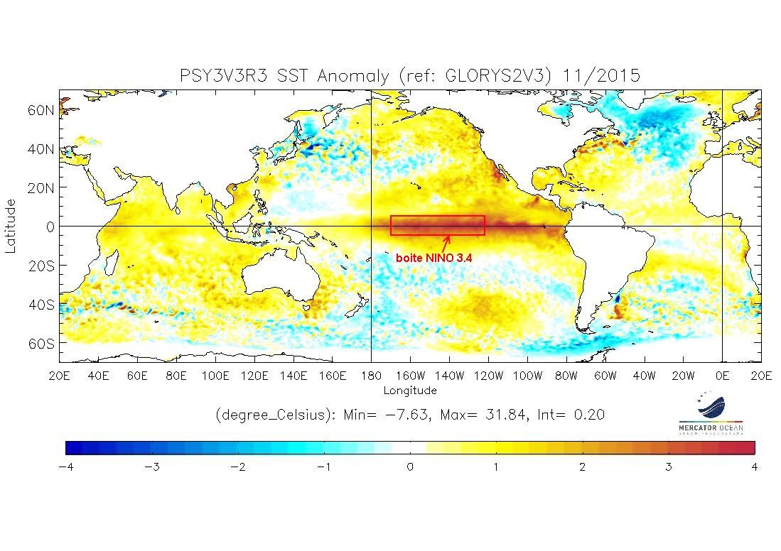 Figura 1: Anomalía de la temperatura de la superficie del océano de noviembre 2015 (fuente Mercator Ocean). El Niño es claramente visible en el Océano Pacífico en el ecuador (más caliente que las aguas normales de rojo a amarillo). Tenga en cuenta la posición de la “caja o región Niño3.4” que se utiliza para el seguimiento del fenómeno de El Niño.