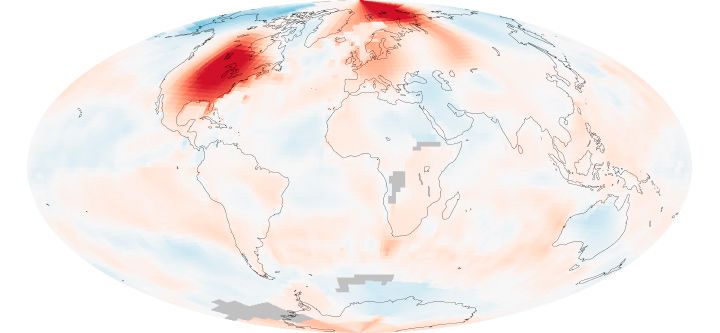 Imagen global de anomalías térmicas en marzo de 2012. Imagen global de anomalías térmicas en marzo de 2012. Fuente: NASA