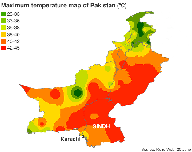 Temperaturas máximas en Pakistán el 20 de junio de 2015. Fuente: Reliefweb