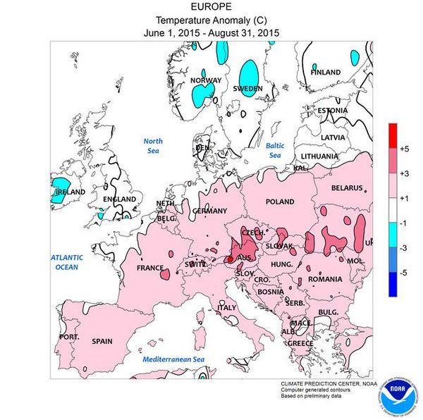 Anomalías térmicas en Europa en el periodo de JJA de 2015. Fuente: NOAA