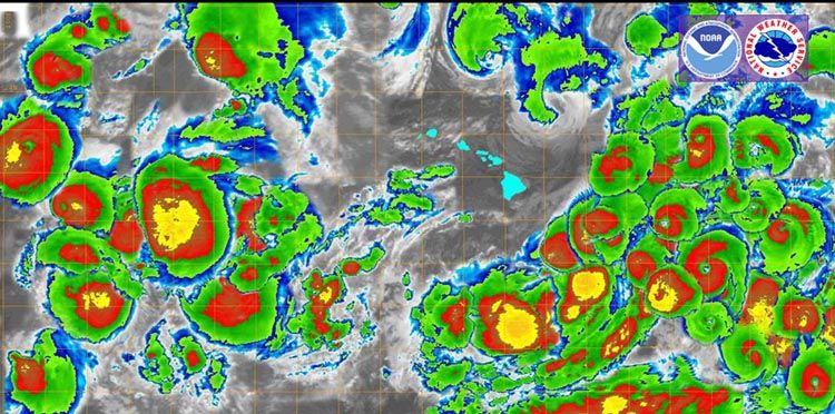 Imagen de un mosaico de imágenes satelitales infrarrojas de los satélites geoestacionarios que muestra a las 15 tormentas tropicales en la cuenca del Pacífico Central en 2015. Imagen de Kevin Kodama/National Weather Service Honolulu Office.