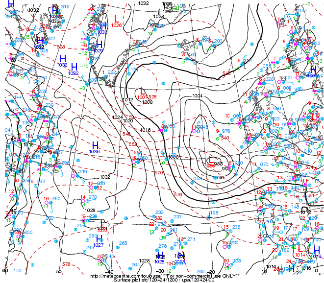 24 de abril a las 12 UTC. 24 de abril a las 12 UTC. "Petra" con 988 mb, al noroeste de Galicia. Caídas de "23 mb en 12 h" sobre los 50ºN.