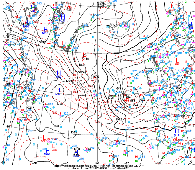 25 de abril a las 00 UTC. 25 de abril a las 00 UTC. "Petra" con 984 mb, al noroeste de Galicia. Caídas de 8 mb en 12 h sobre los 50ºN, aproximadamente, y de "27 mb en 24 h".