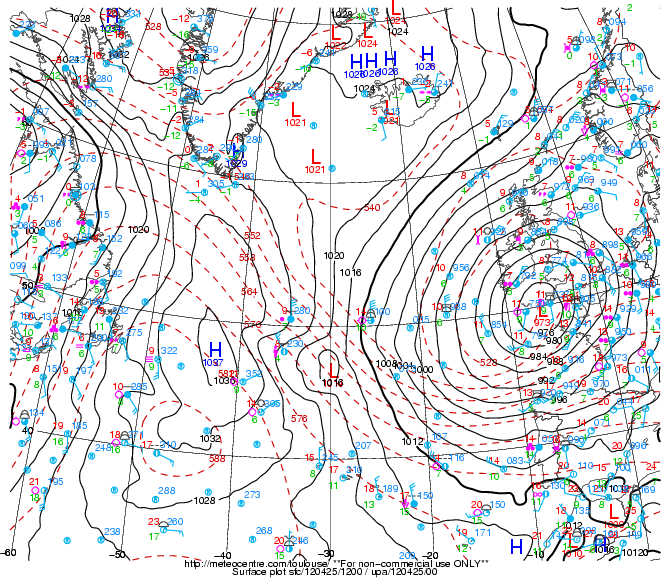 25 de abril a las 12 UTC. 25 de abril a las 12 UTC. "Petra" con 973 mb, al norte de España. Caídas de 9 mb en 12 h sobre los 50ºN, y 15 mb en 24h.