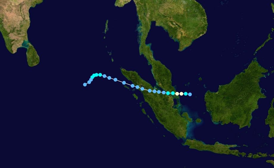 Imagen del tifón Vamei visto por MODIS –Terra el 27 de diciembre de 2001 y trayectoria de su centro.