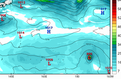 Predicciones deterministas del desplazamiento de Palí en la zona según modelo GFS para la pasada de 00 UTC del 12 de enero de 2016 a varios días vista: presión en superficie y precipitación cada 6 h. La línea inferior es la del ecuador y Pali aparece en la parte inferior derecha como baja en el flujo de los estes. Fuente: Tropical Tidbits