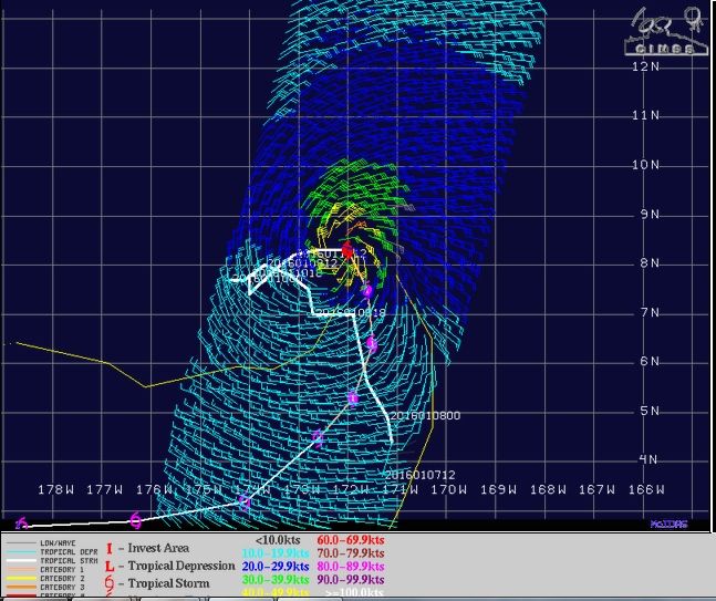 Vientos estimados por satélite alrededor de Pali, cat 1. Fuente: CIMSS