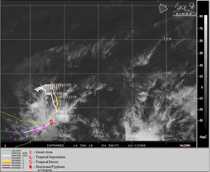 Imagen IR, trayectoria y temperatura del agua del mar de Pali en el Pacífico Central, muy cerca del ecuador. Fuente: CIMSS