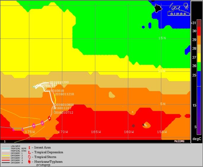 Imagen IR, trayectoria y temperatura del agua del mar de Pali en el Pacífico Central, muy cerca del ecuador. Fuente: CIMSS