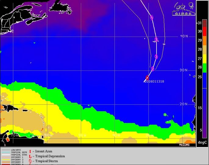 Imagen IR, trayectoria y temperatura del agua del mar de Alex en el Atlántico Norte, al sur de Azores. Fuente: CIMSS