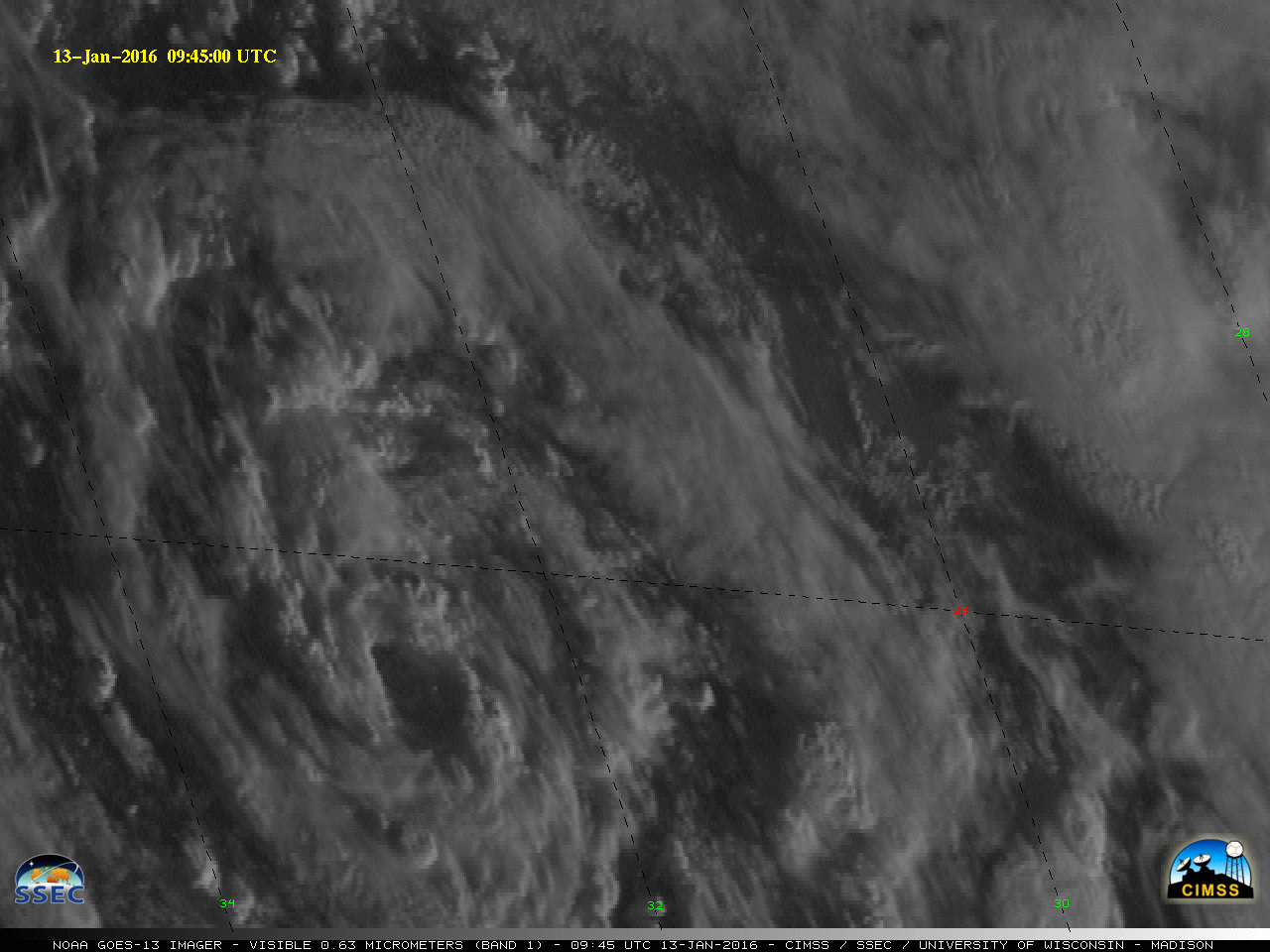 Secuencia de Alex en el canal VIS del 13 de enero. Fuente: CIMSS