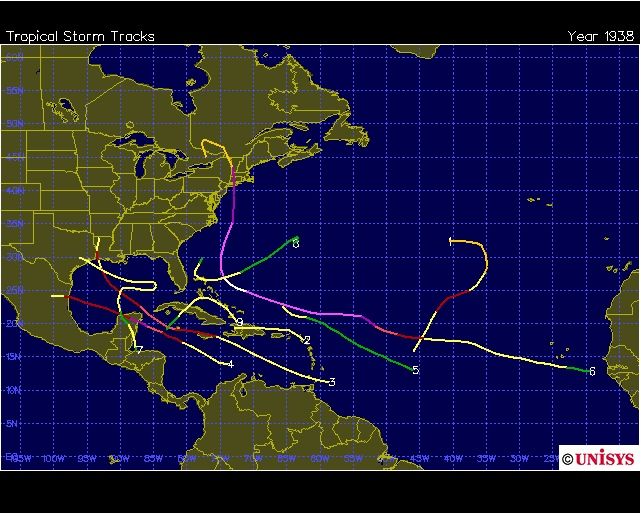 Trayectoria de los ciclones tropicales de 1938. UNISYS