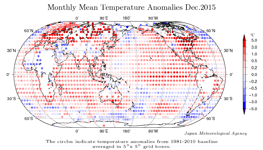 Distribución espacial de las anomalías térmicas en diciembre de 2015 respecto a la media 1981-2010.