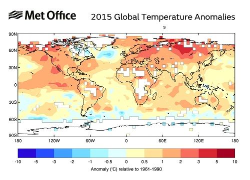 Anomalías térmicas de 2015 respecto a la media del periodo 1961-1990.