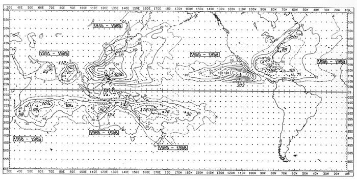 Foto 2: Frecuencia de ciclones tropicales en 10 años dentro de cualquier punto en 140k. Frecuencia de ciclones tropicales en 100 años dentro de cualquier punto en 140 km. Triángulos sólidos indican los máximos valores en la zona donde están ubicados. Periodo de registro usado se muestra en recuadro. Fuente BOM. http://www.bom.gov.au/bmrc/pubs/tcguide/ch1/ch1_3.htm