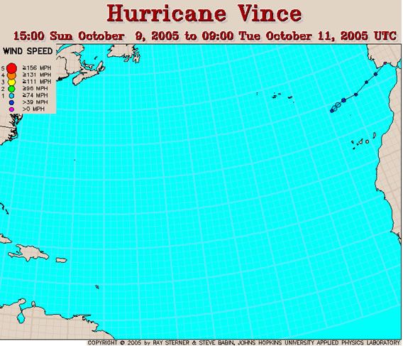 Trayectoria del “Vince” y estado según los datos de vientos sostenidos durante los días 9-11 de octubre de 2005. Cortesía de Ray Sterner y Steven Rabin. Trayectoria del “Vince” y estado según los datos de vientos sostenidos durante los días 9-11 de octubre de 2005. Cortesía de Ray Sterner y Steven Rabin.