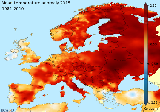 Mapa de la anomalía de la temperatura media anual de 2015, respecto a la climatología base de 1981-2010.