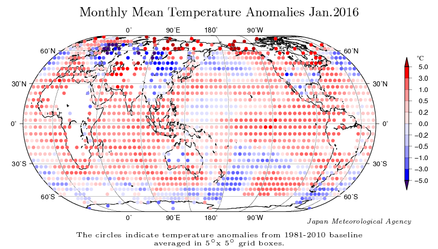 Anomalía de temperaturas de enero 2016, respecto a 1981-2010.
